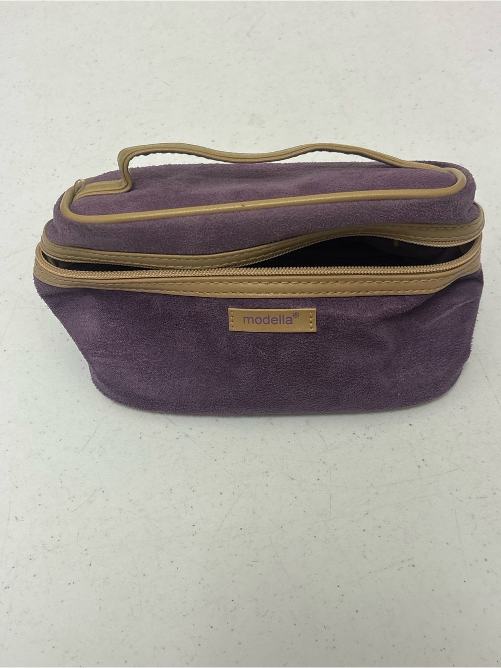 Modella Purple Suede Cosmetic Case with Tan Trim and Handle